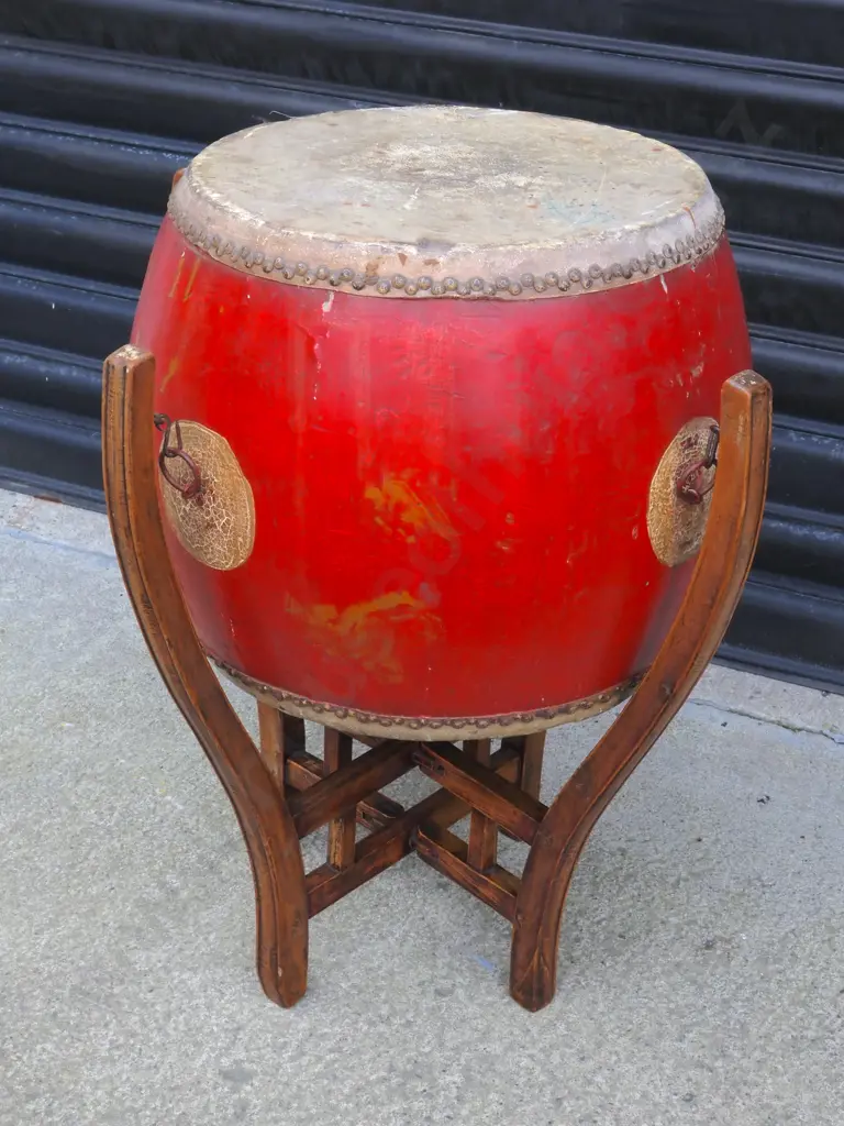 Large Vintage Red Drum on Wooden Collapsible Stand Image 1++