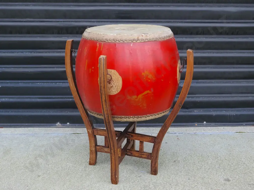 Large Vintage Red Drum on Wooden Collapsible Stand Image 1++