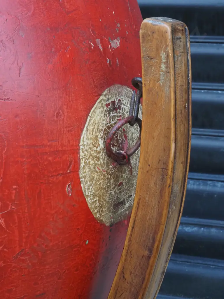 Large Vintage Red Drum on Wooden Collapsible Stand Image 1++