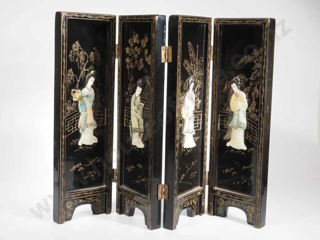 Oriental Black Lacquered Table Screen w  Applied Moulded Figures Of Japanese Women Image 1++