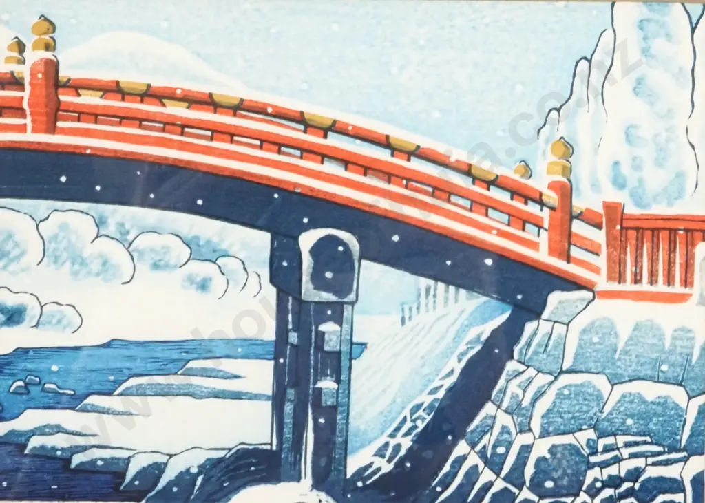 Okuyama Gihachiro (1907-1981) New Snow At The Sacred Bridge In Nikko, Woodblock Print Image 1++