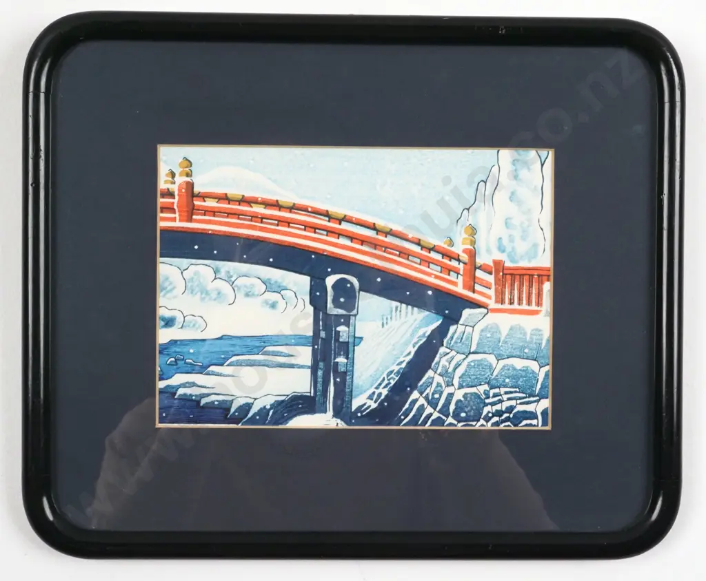 Okuyama Gihachiro (1907-1981) New Snow At The Sacred Bridge In Nikko, Woodblock Print Image 1++