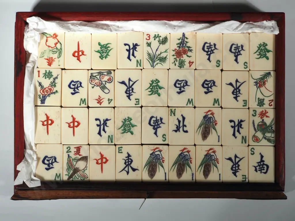 Antique Mother Bone & Bamboo Mahjong Set In Mother Of Pearl Case. Some Faults to Edge Of Case  Image 1++