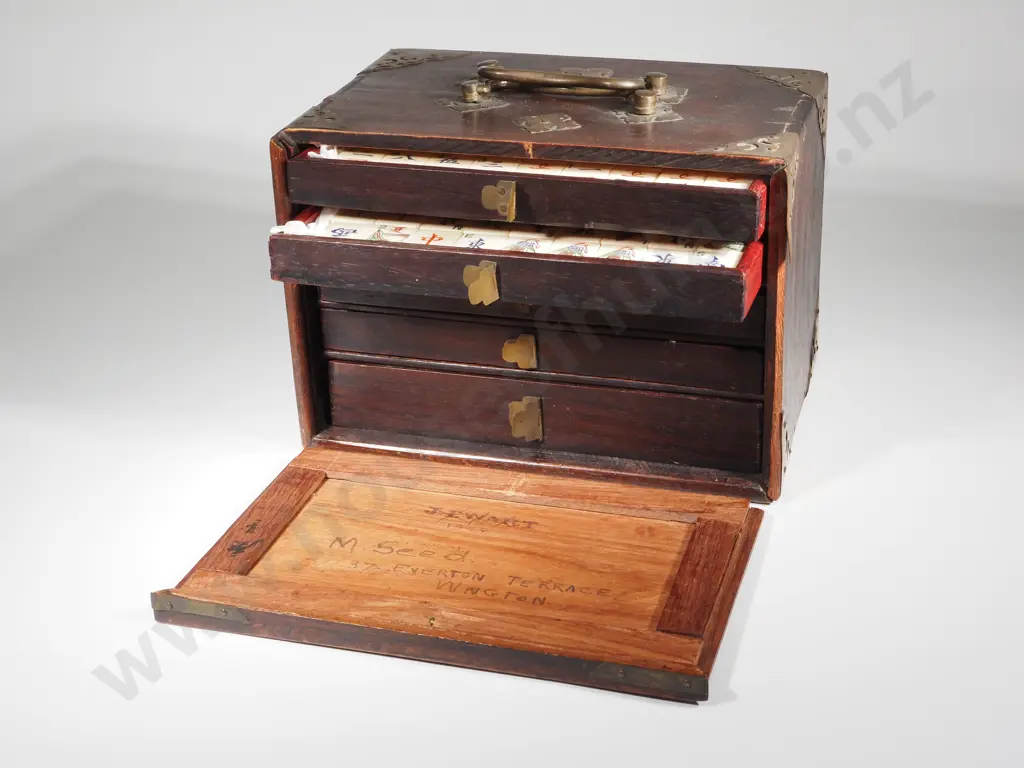 Antique Mother Bone & Bamboo Mahjong Set In Mother Of Pearl Case. Some Faults to Edge Of Case  Image 1++