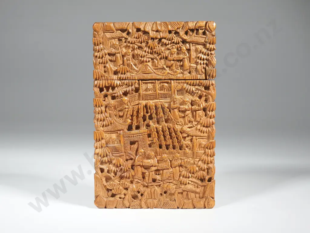 Chinese Sandalwood Business Card Case, Late 19th Century. Heavily Carved W Figures, Building & Foliage Image 1++
