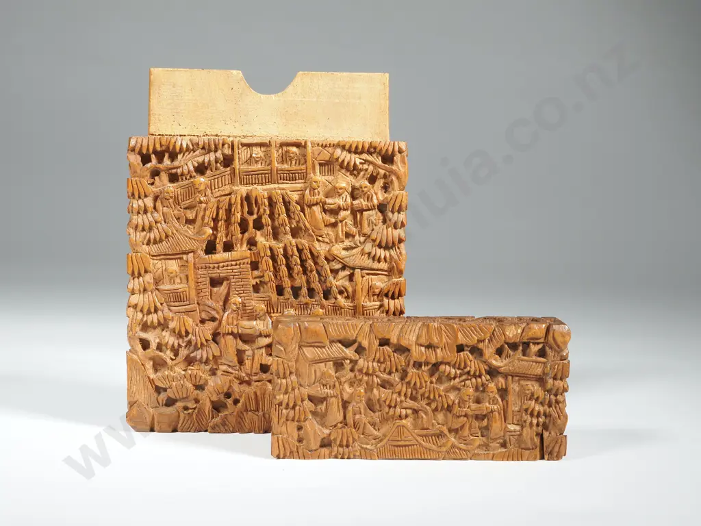 Chinese Sandalwood Business Card Case, Late 19th Century. Heavily Carved W Figures, Building & Foliage Image 1++
