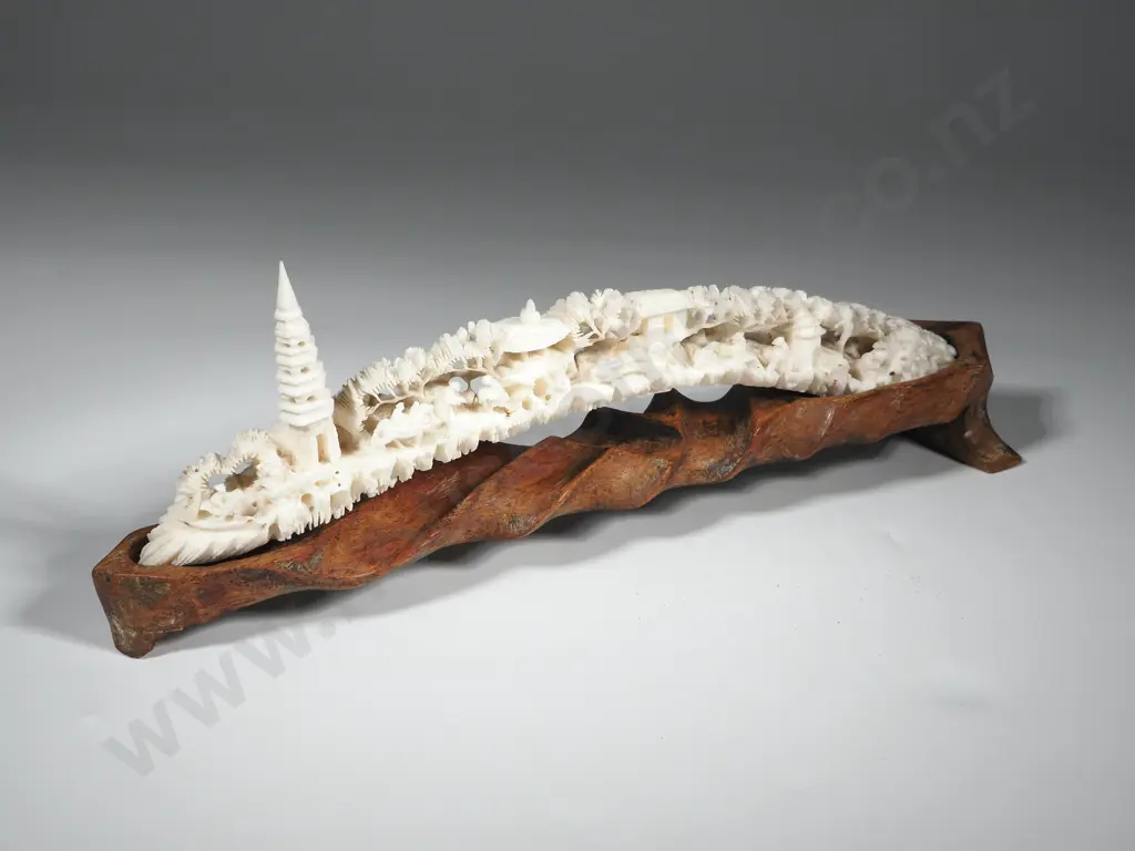 Highly Carved Section Of A Tusk Depicting  A Village Scene  Image 1++