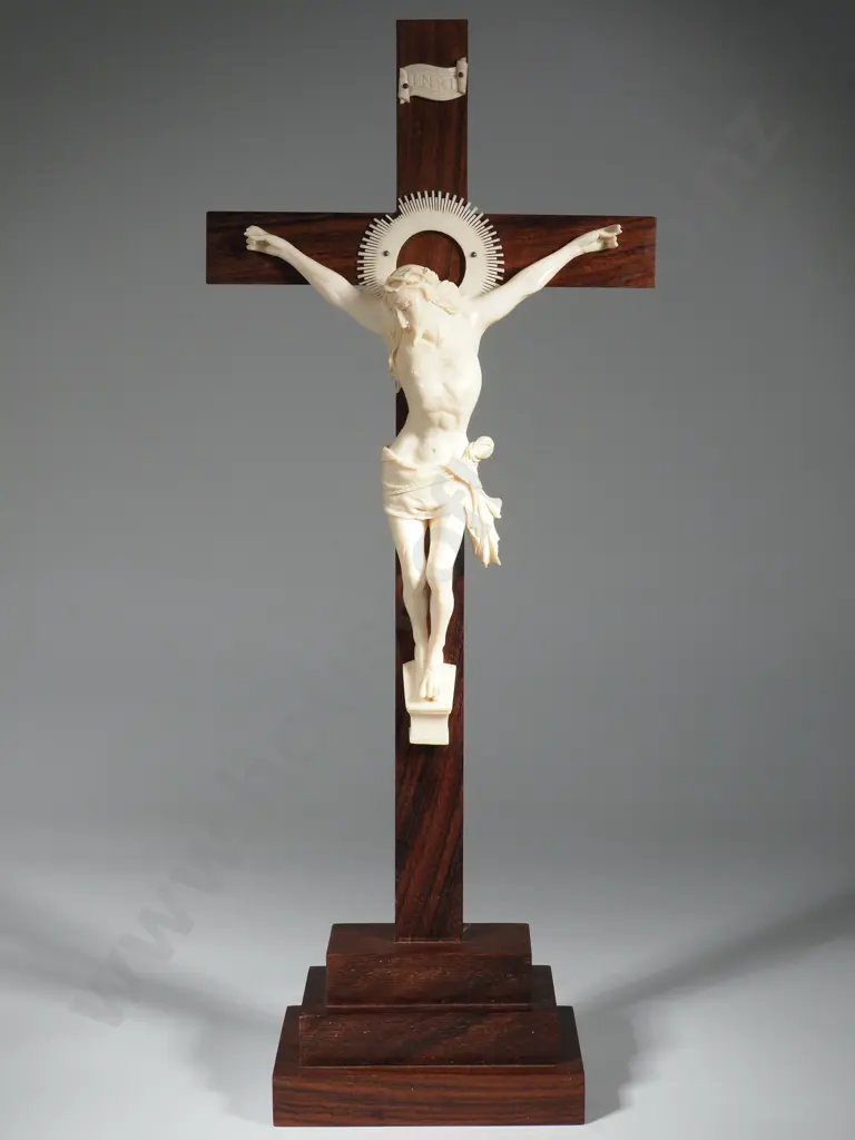 Crucifix Formed Of Carved Ivory Jesus On A Rosewood Cross with An Inri Plaque. Hgt 380mm Image 1++