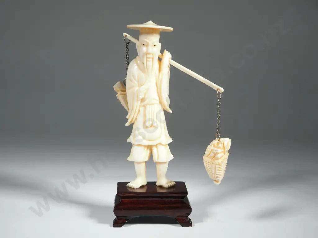 Ivory Figure Of A Fisherman Carrying Baskets Of Fish On A Wooden Stand Image 1++