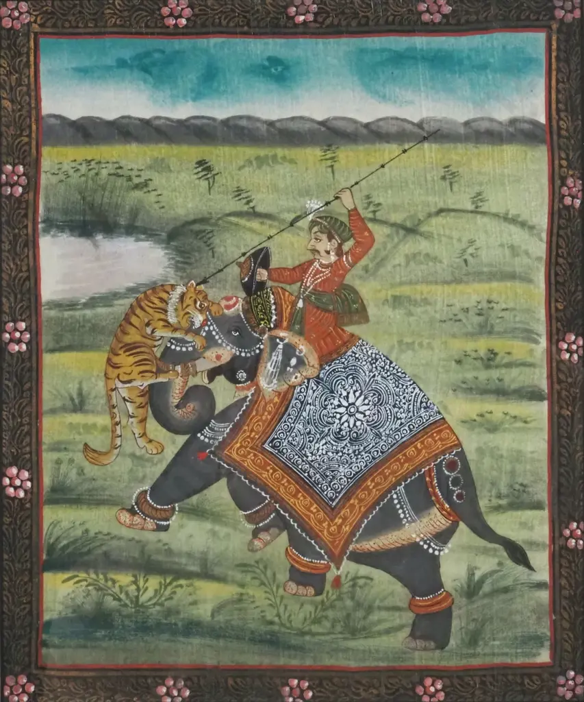 Royal Tiger Hunting Scene. Watercolour on Silk. Image 1++