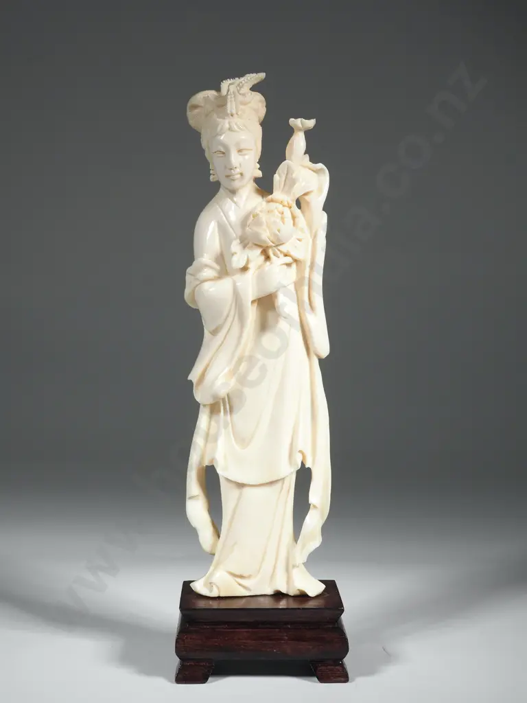 Ivory Figure On Wooden Stand Of A Geisha Girl Holding Lotus Flower  Image 1++
