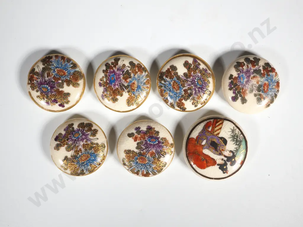 Set of Six Finely Painted Floral Meiji Satsuma Buttons & Another Depicting A Geisha Girl. Image 1++