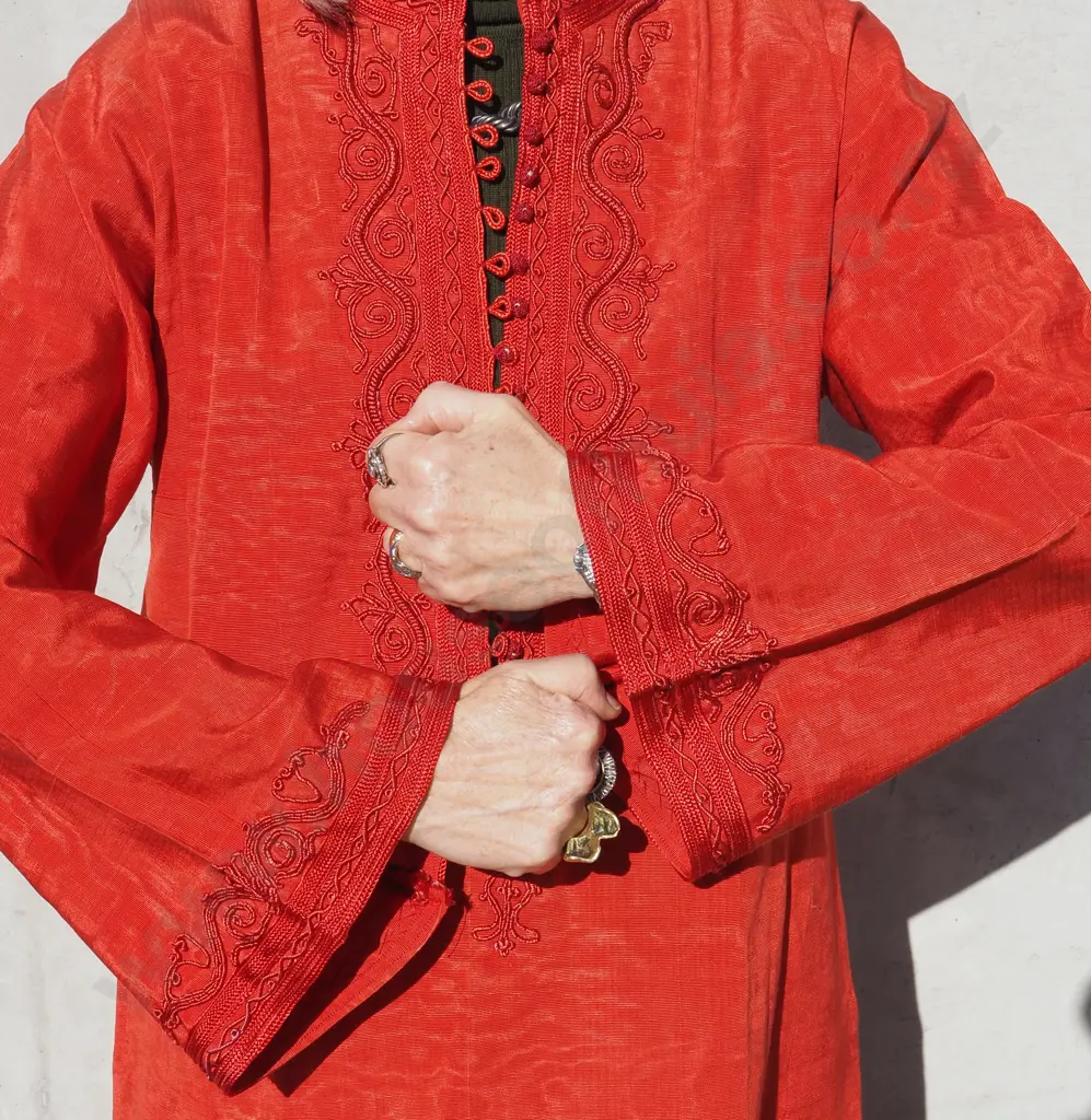 Vintage Moire Silk Kaftan with Elaborate Over Embroidery & Braiding. Handmade Loop & Button Closure in Vermilion Image 1++
