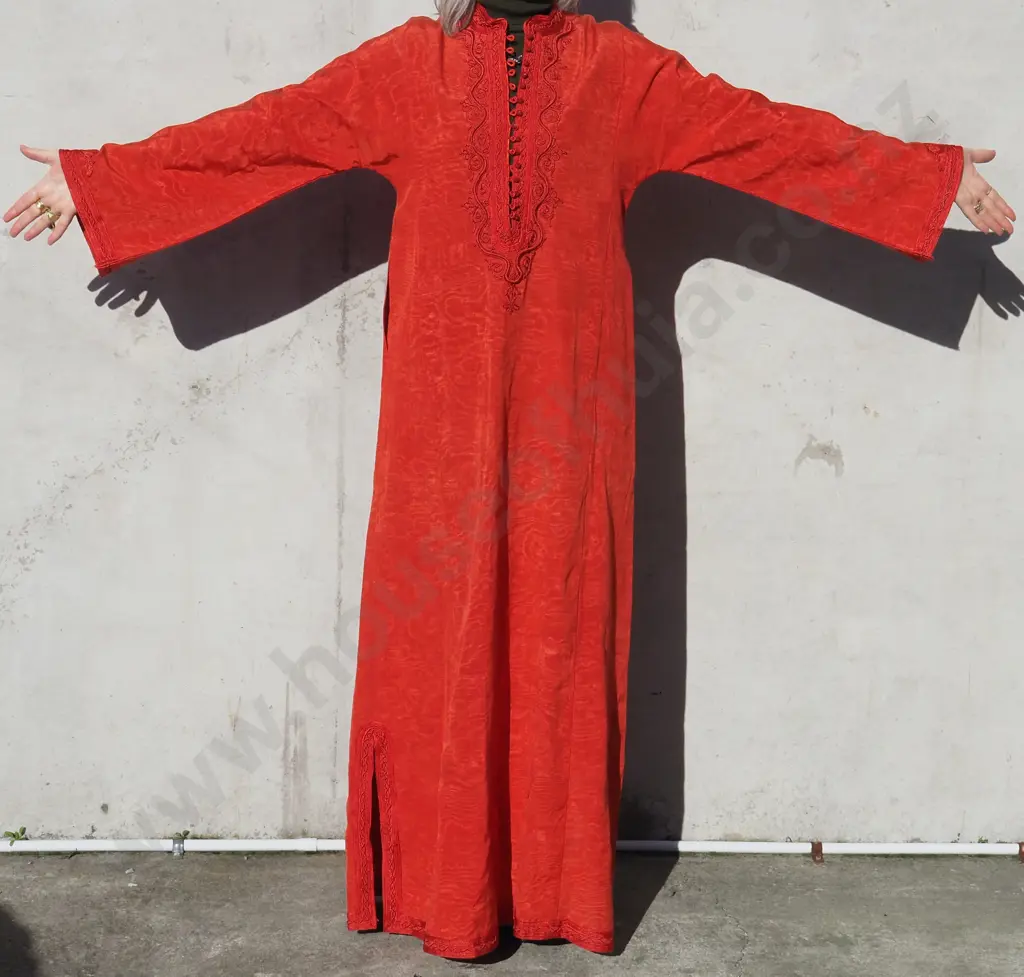 Vintage Moire Silk Kaftan with Elaborate Over Embroidery & Braiding. Handmade Loop & Button Closure in Vermilion Image 1++
