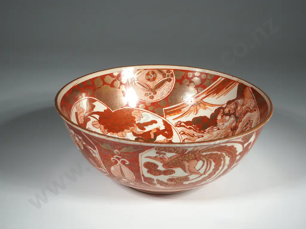 Japanese Kutani Bowl,  Late 19th Century, Iron Red With Three Separate Scenes. Image 1++