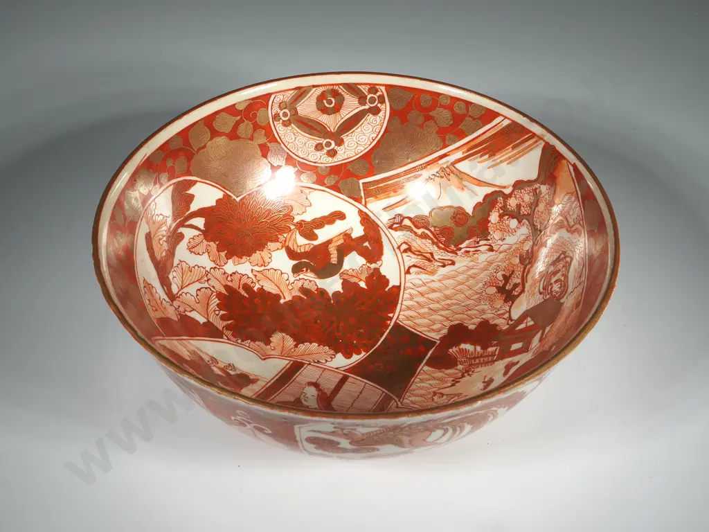 Japanese Kutani Bowl,  Late 19th Century, Iron Red With Three Separate Scenes. Image 1++