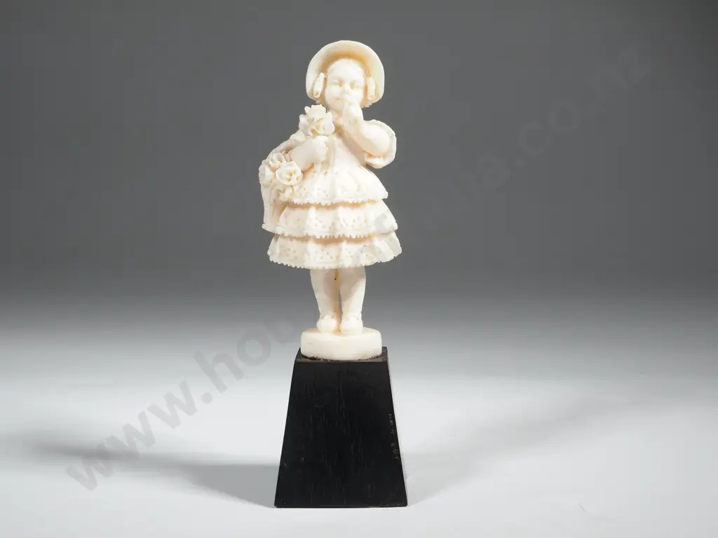 Finely Carved Ivory Girl w Flowers Figurine on Ebony Plinth Image 1++