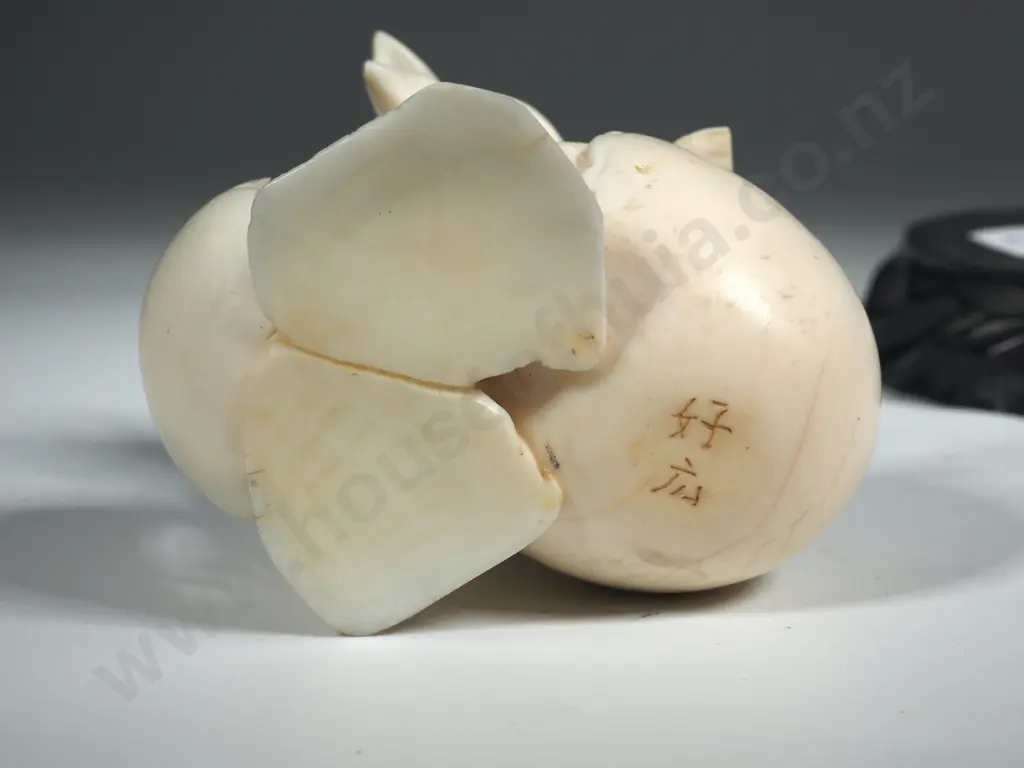 Ivory Okimono Of A Chick Emerging From A Shell &On An Ebonized Stand. Signed To Base Image 1++