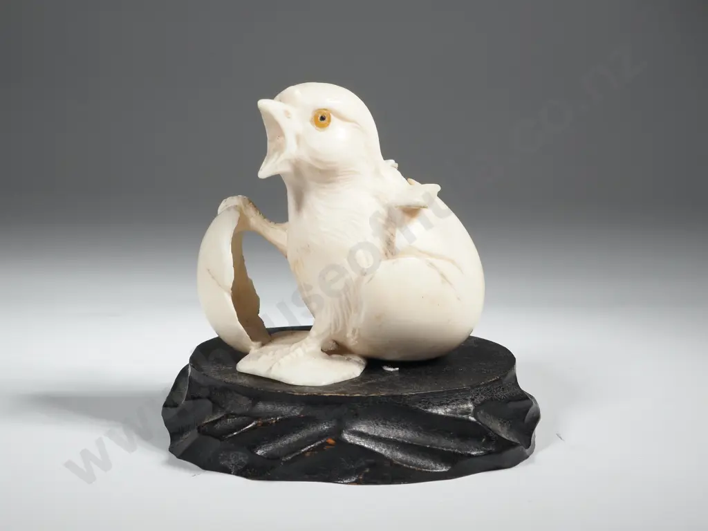 Ivory Okimono Of A Chick Emerging From A Shell &On An Ebonized Stand. Signed To Base Image 1++