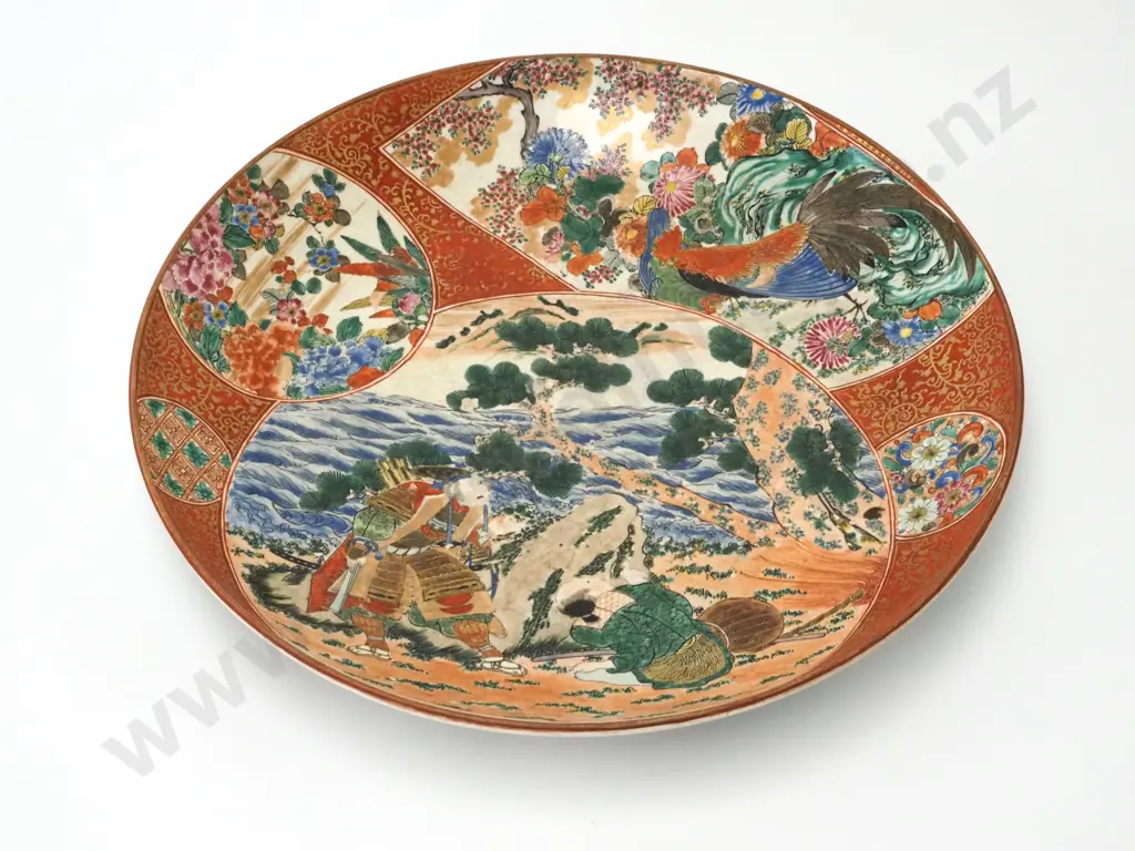 Large Enameled Satsuma Charger Decorated w Panels Of Samurai, Birds, Foliage etc. Signed to Base. Image 1++