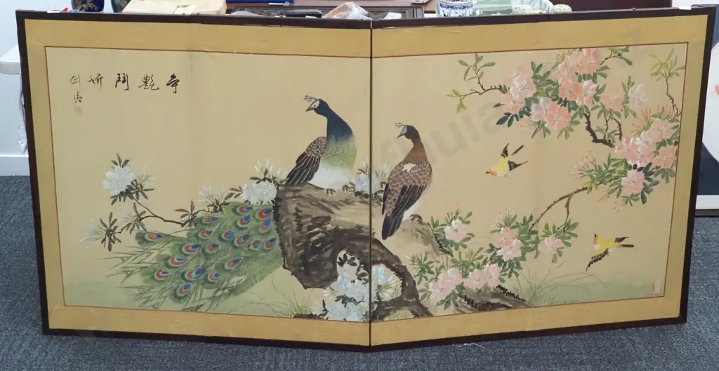 Japanese Four Panel Folding Screen Featuring Birds & Flowers  Image 1++