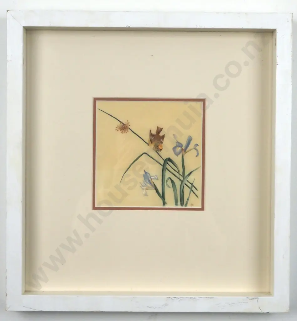 T.G. Bird at Play w Irises. Watercolour on Silk. Image 1++