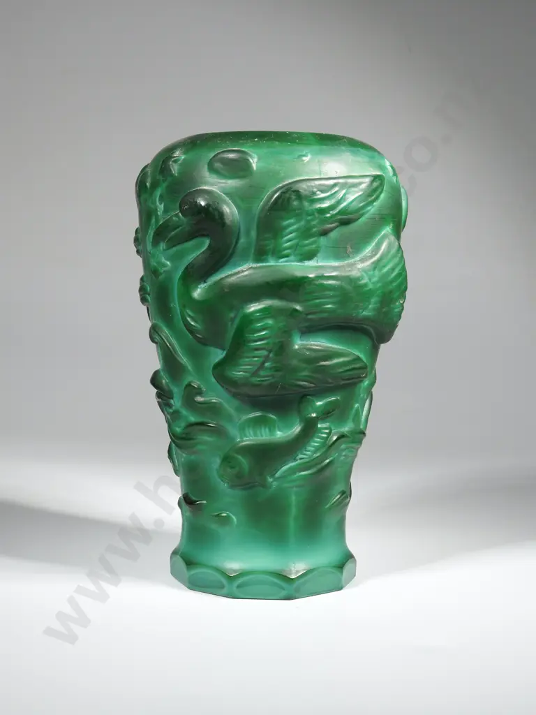 Bohemian Czech Art Deco Malachite Jade Glass Vase by Schlevog Image 1++