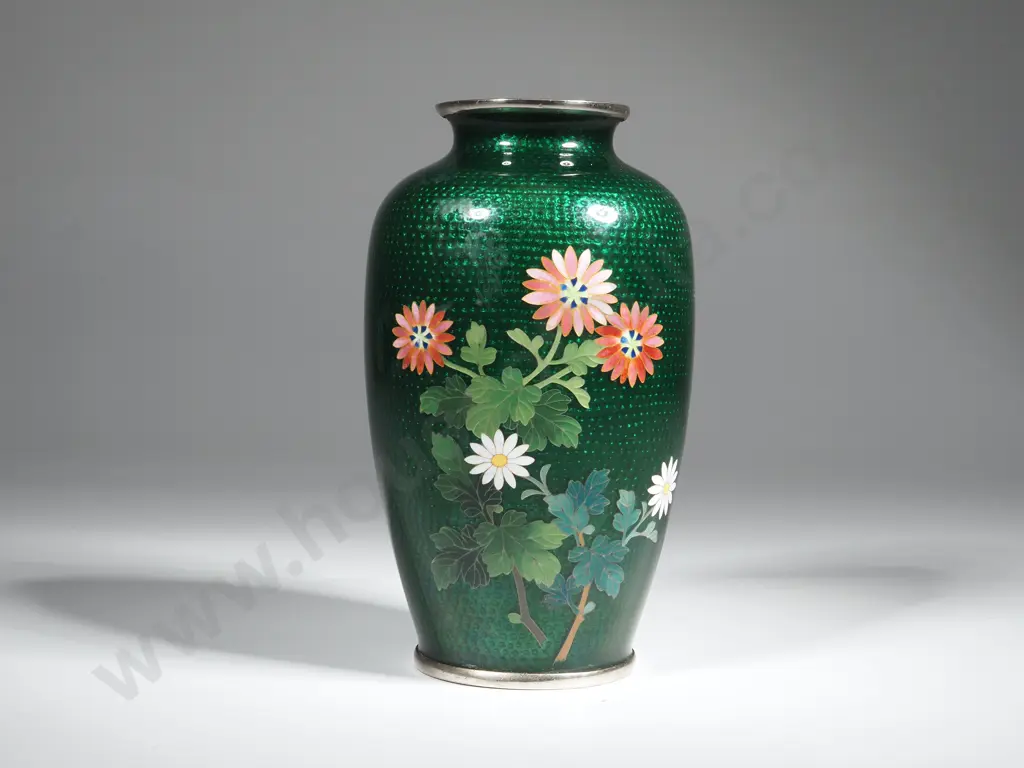 Vintage Japanese Green  Cloisonné Vase with Floral Decoration & Silver Trim Image 1++