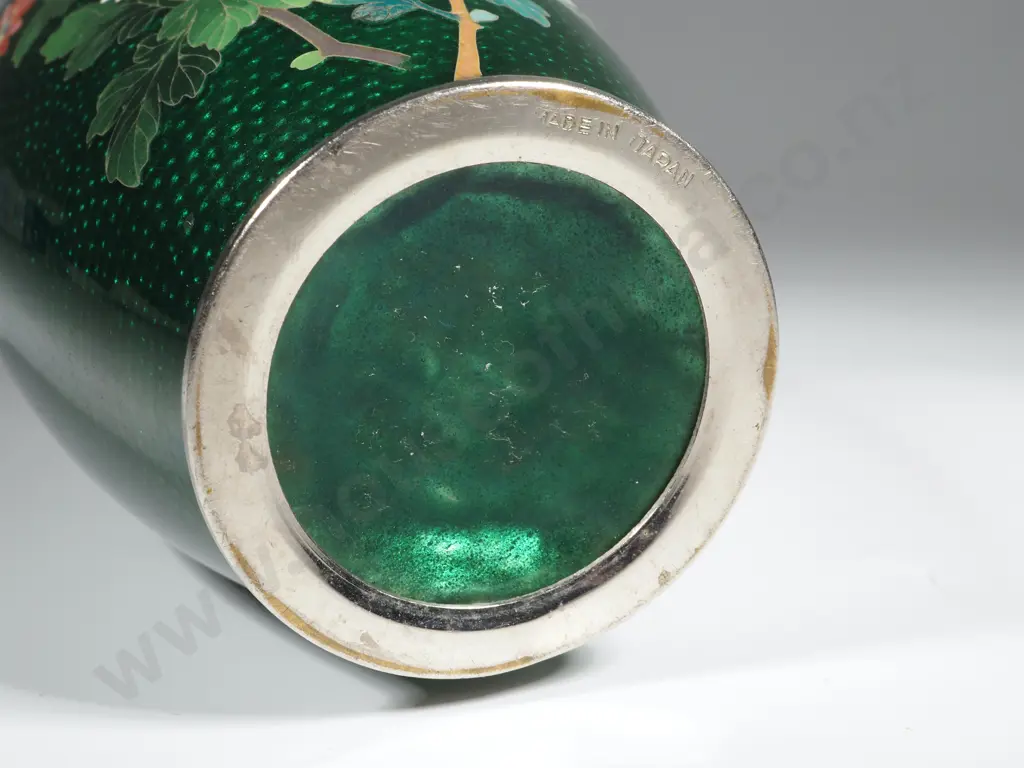 Vintage Japanese Green  Cloisonné Vase with Floral Decoration & Silver Trim Image 1++