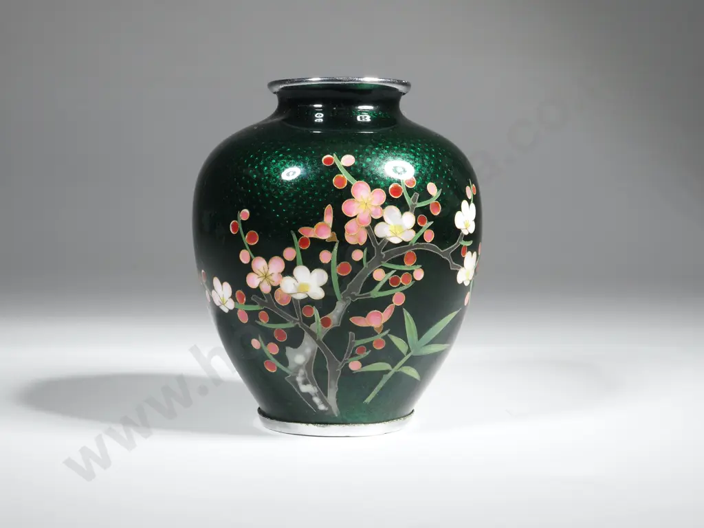 Vintage Green Cloisonne  Vase with Bamboo & Apple Blossom Decoration & Silver Trim Image 1++