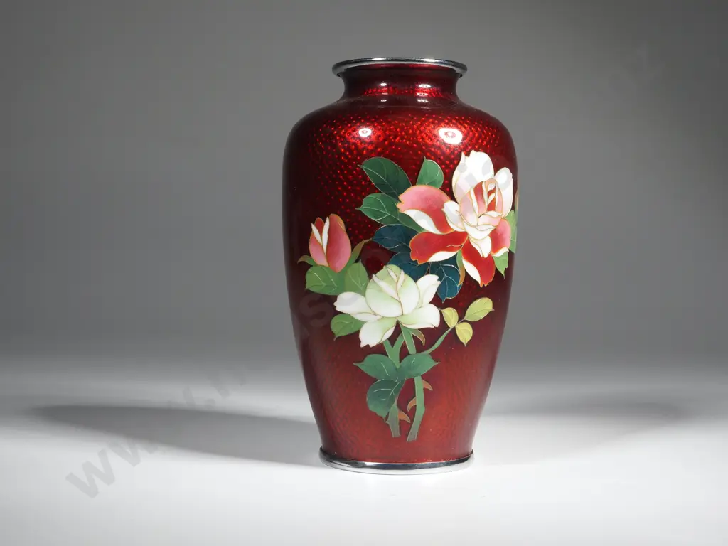 Vintage Japanese Wireless Cloisonne Vase. Red Ground & Decorated With Roses  Image 1++
