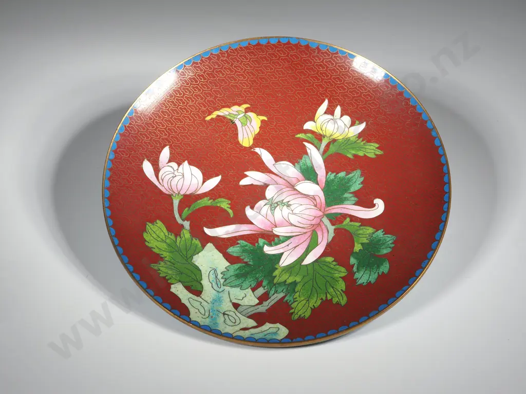 Vintage Cloisonne Plate w Butterflies & Peonies Image 1++