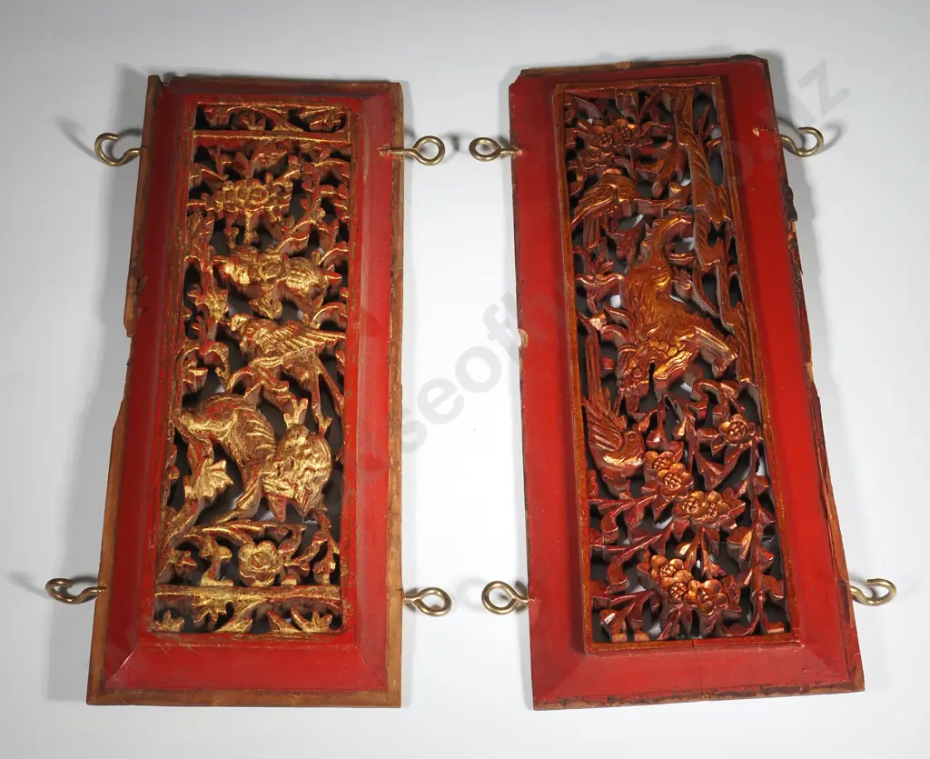 Pair of Chinese Gilt Wood Carved Panels Depicting Symbols From Chinese Culture Image 1++