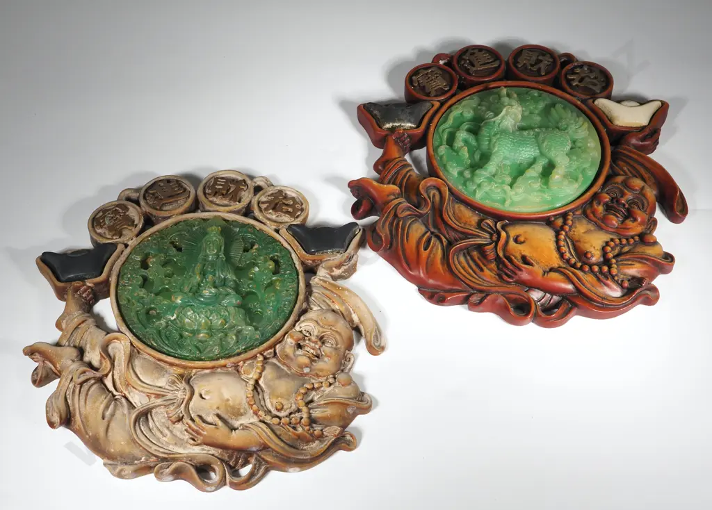 Two Wall Plaques with Carved Insets Depicting Buddha Image 1++