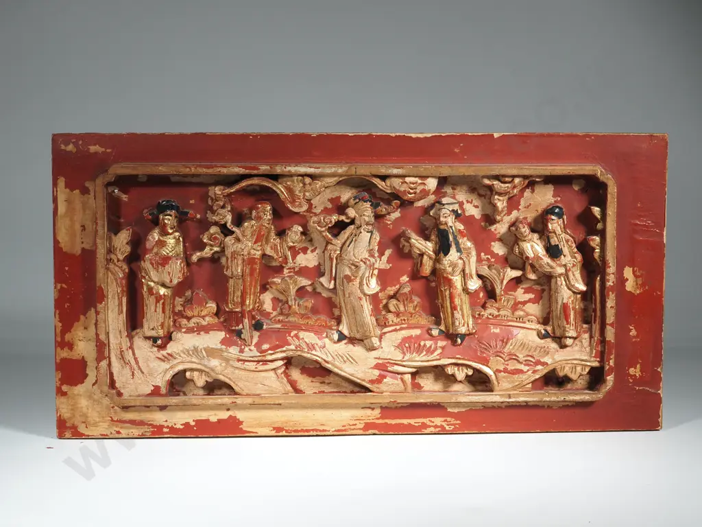 Antique Chinese  Gilted Wood Panel Featuring Male Figures Image 1++