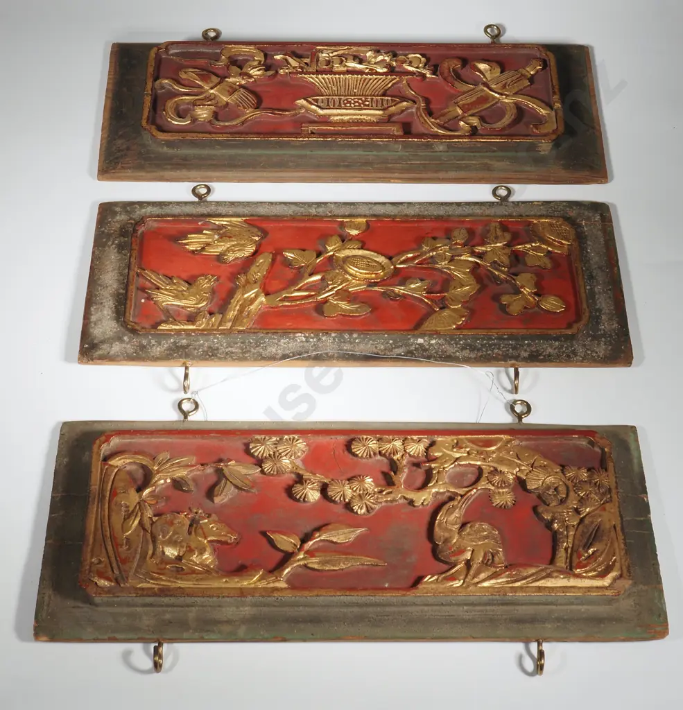 Three Chinese Wood Panels With Gilded Detailed On A Red Lacquered  Background Depicting Birds, Flowers Etc.  Image 1++