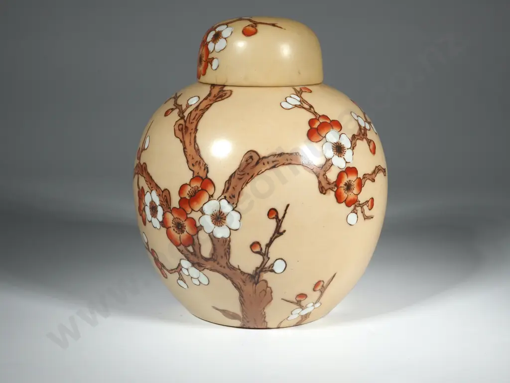 One Beige Lidded Ginger Jar w Orange & White Apple Blossom Image 1++