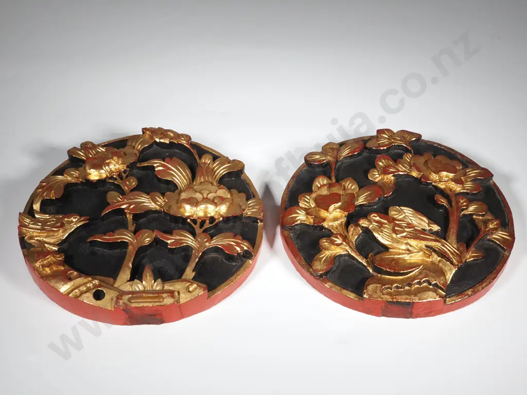 Pair Of Japanese Red & Gilded Japanese Wall Hangings On a Black Ground Image 1++