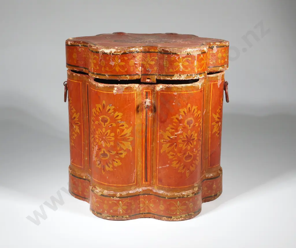 Lacquered Oriental Spice Box with Seven Interior Compartment. Decorated with Hindu Goddess Lakshi Image 1++