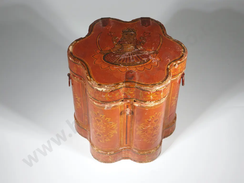 Lacquered Oriental Spice Box with Seven Interior Compartment. Decorated with Hindu Goddess Lakshi Image 1++