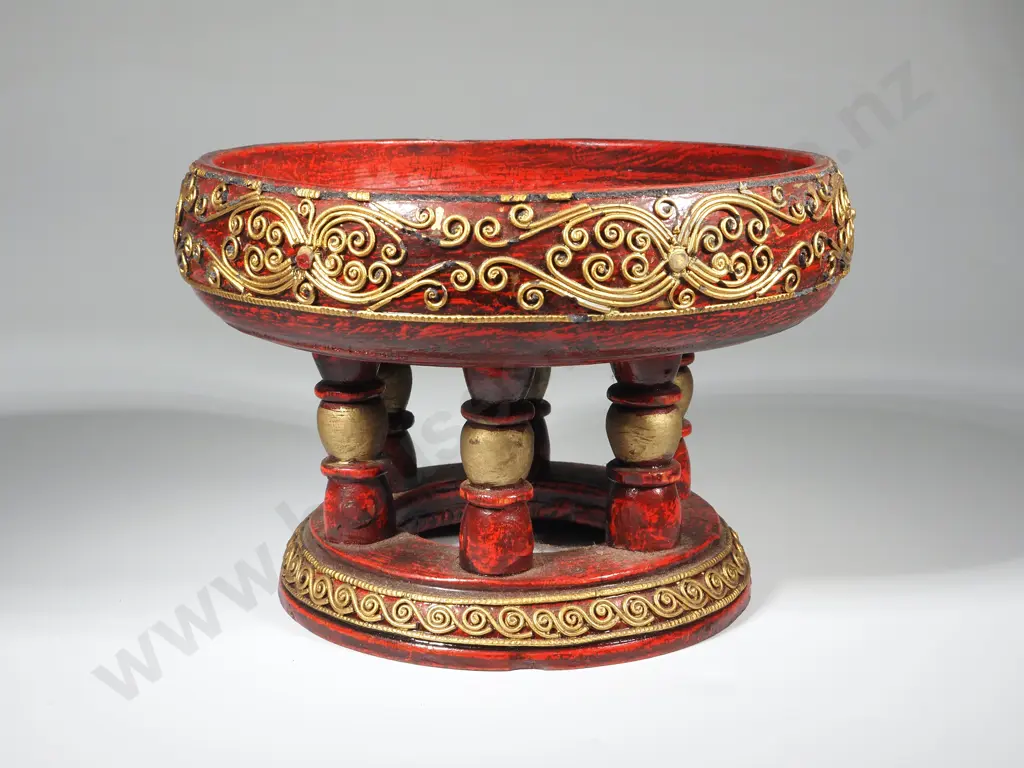 Vintage Decorative Red w Gilt Pedestal Wooden Bowl Image 1++