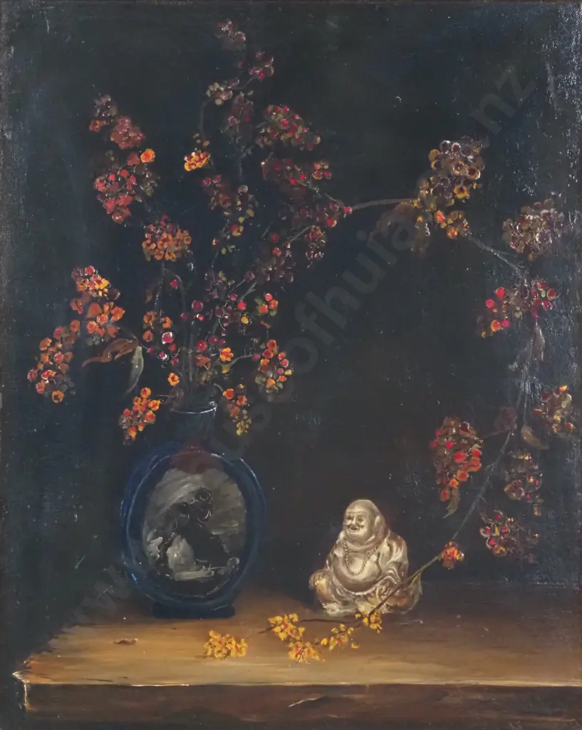 Still Life -Buddha & Flowers.  Oil on Canvas. Image 1++