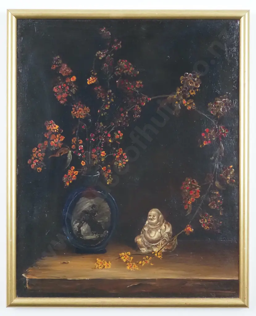 Still Life -Buddha & Flowers.  Oil on Canvas. Image 1++