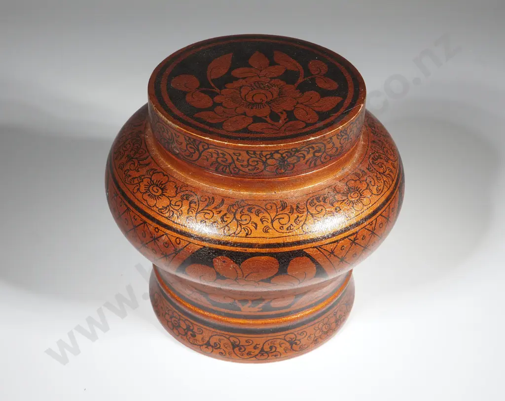 One Wooden Brown & Black Laquared Lidded Jar Image 1++