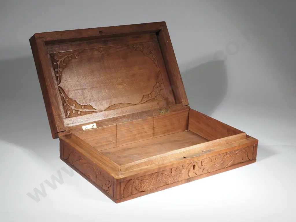 A Wooden Jewellery Box Heavily Carved w Dragons Image 1++