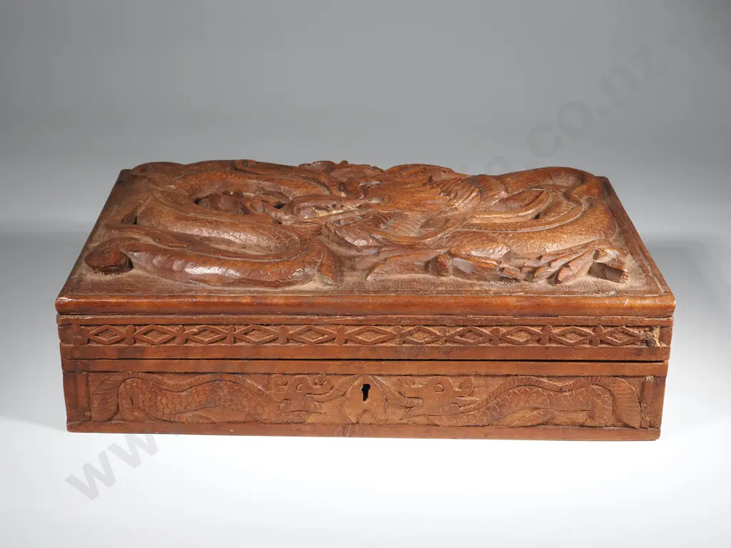 A Wooden Jewellery Box Heavily Carved w Dragons Image 1++