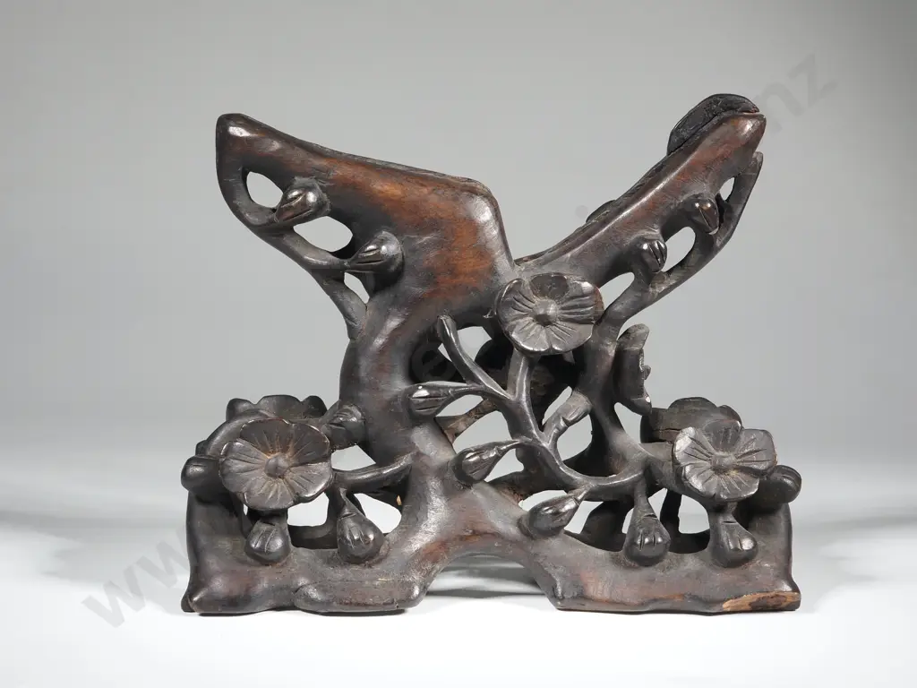 Carved Ebonised Wood Plate Stand w Tree & Blossom Decoration Image 1++