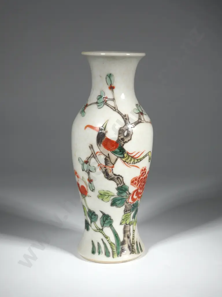 Antique Hand Painted Oriental Vase in Rich Greens Oranges & Blues on Cream Ground Image 1++