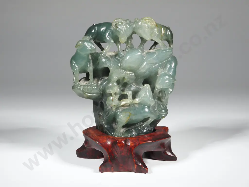 Vintage Chinese Jade Carving Of  Goats In a Mountain Setting 10 x 9mm Image 1++