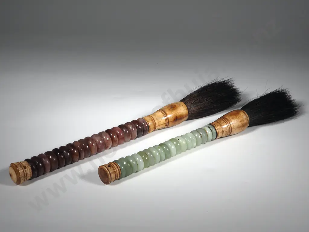 Pair of Vintage Calligraphy Brushes with Stone Handles & Monkey Hair Bristles.  Image 1++